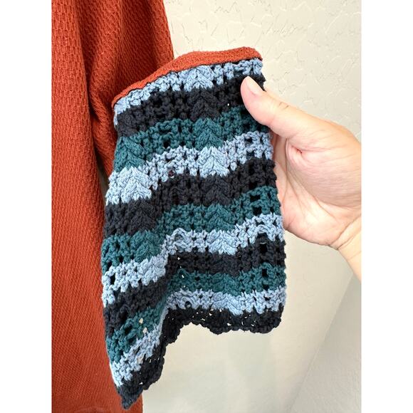 ANTHROPOLOGIE Orange Waffle Knit Long Sleeve Top Flare Crochet Cuff Boho Medium - Picture 4 of 8